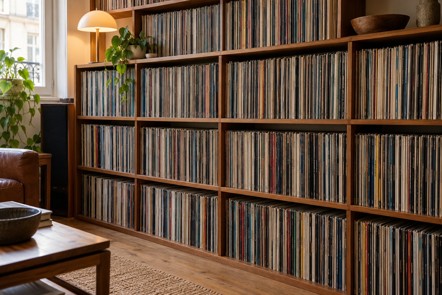 Collection de vinyles rangée sur des étagères